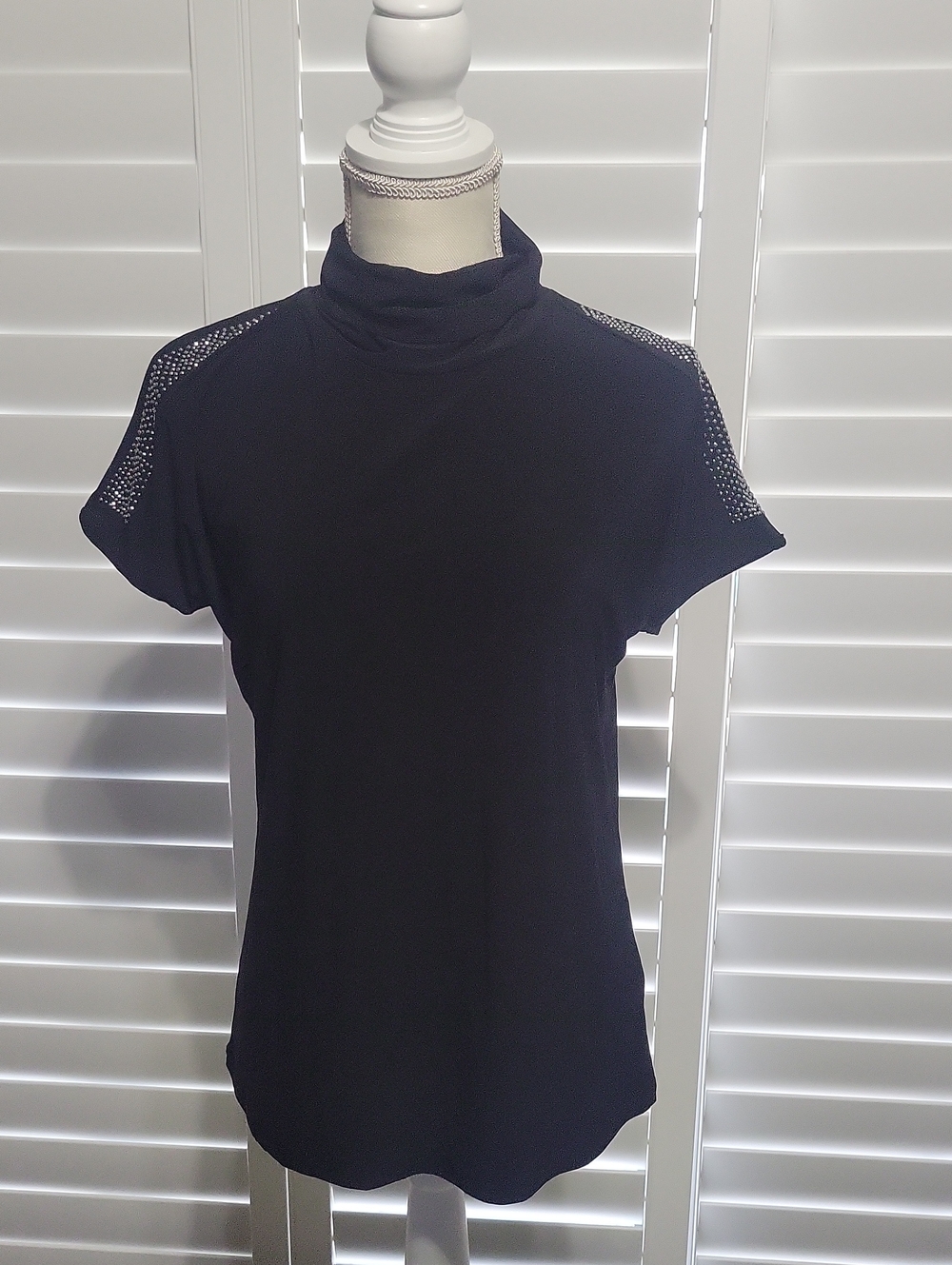 VENUS Black Short-Sleeve Mock Neck Top with Rhinestone Shoulders
